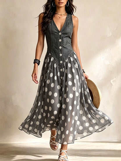 Benedita™ | Vestido Comprido Efeito Ganga com Bolinhas