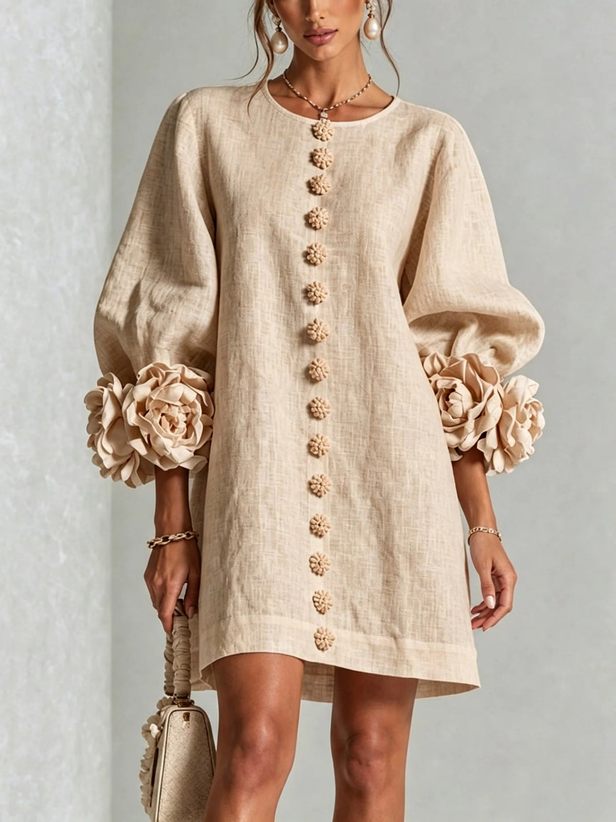 Madalena™ | Vestido Floral com Mangas Balão e Decote Redondo
