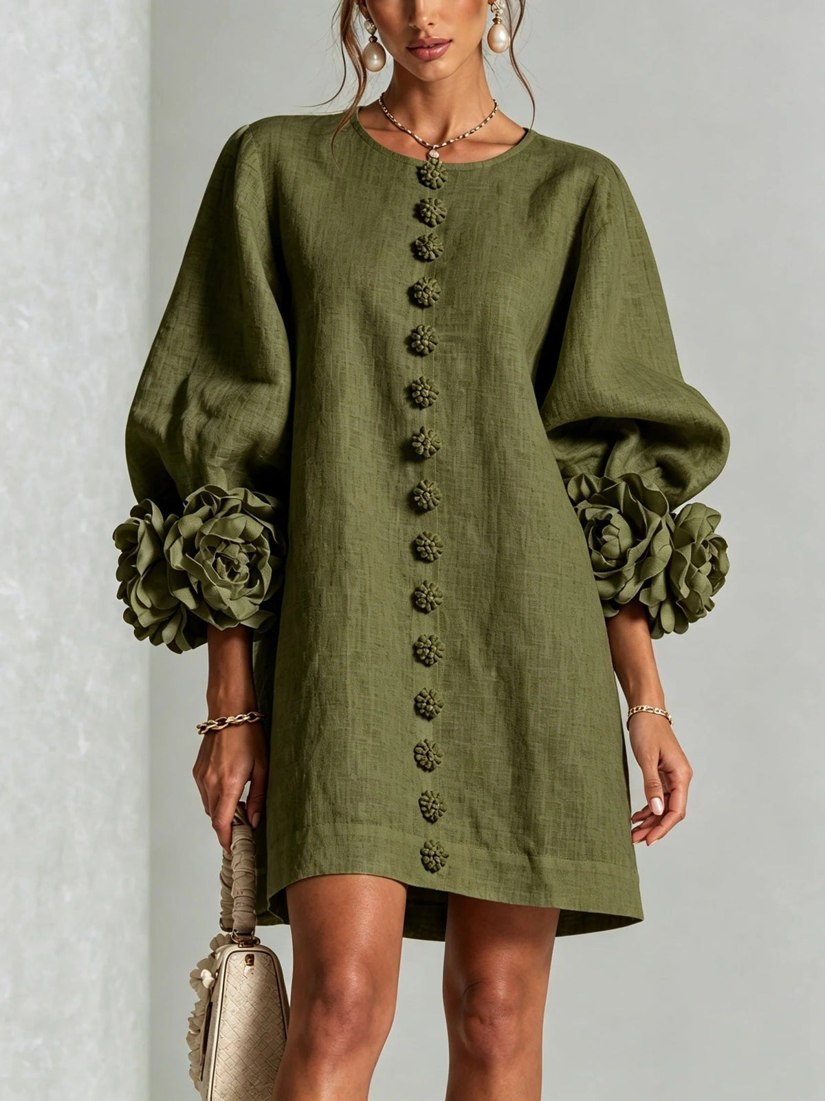 Madalena™ | Vestido Floral com Mangas Balão e Decote Redondo