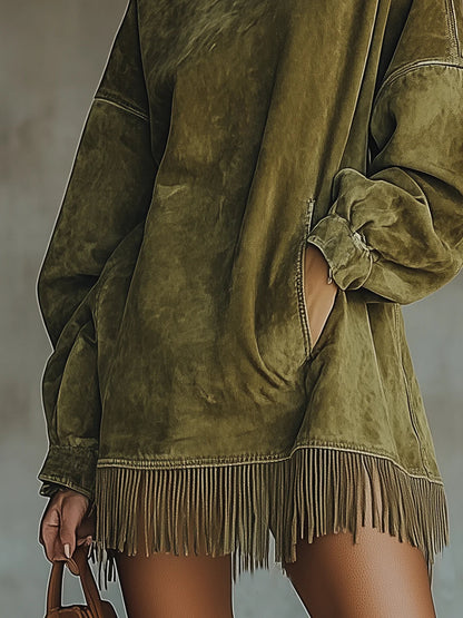 Gabrielle™ | Vestido Efeito Camurça com Gola Alta e Franjas