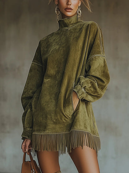 Gabrielle™ | Vestido Efeito Camurça com Gola Alta e Franjas