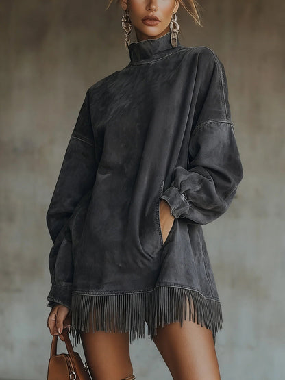 Gabrielle™ | Vestido Efeito Camurça com Gola Alta e Franjas
