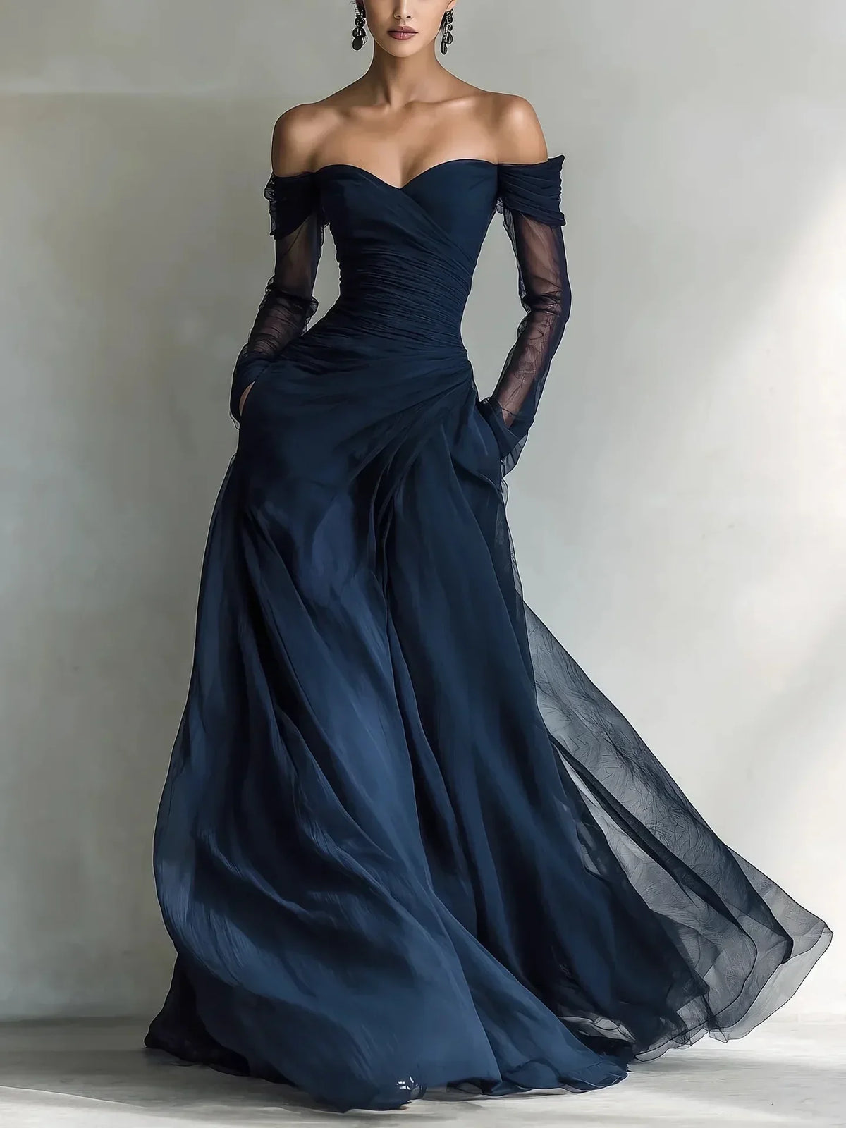 Eleonora™ | Vestido Comprido Ombro a Ombro com Inserções de Rede