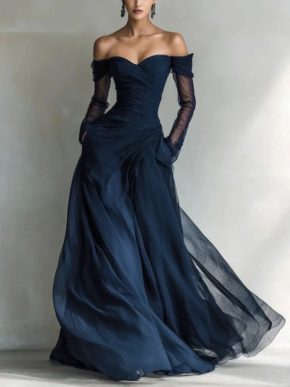 Eleonora™ | Vestido Comprido Ombro a Ombro com Inserções de Rede