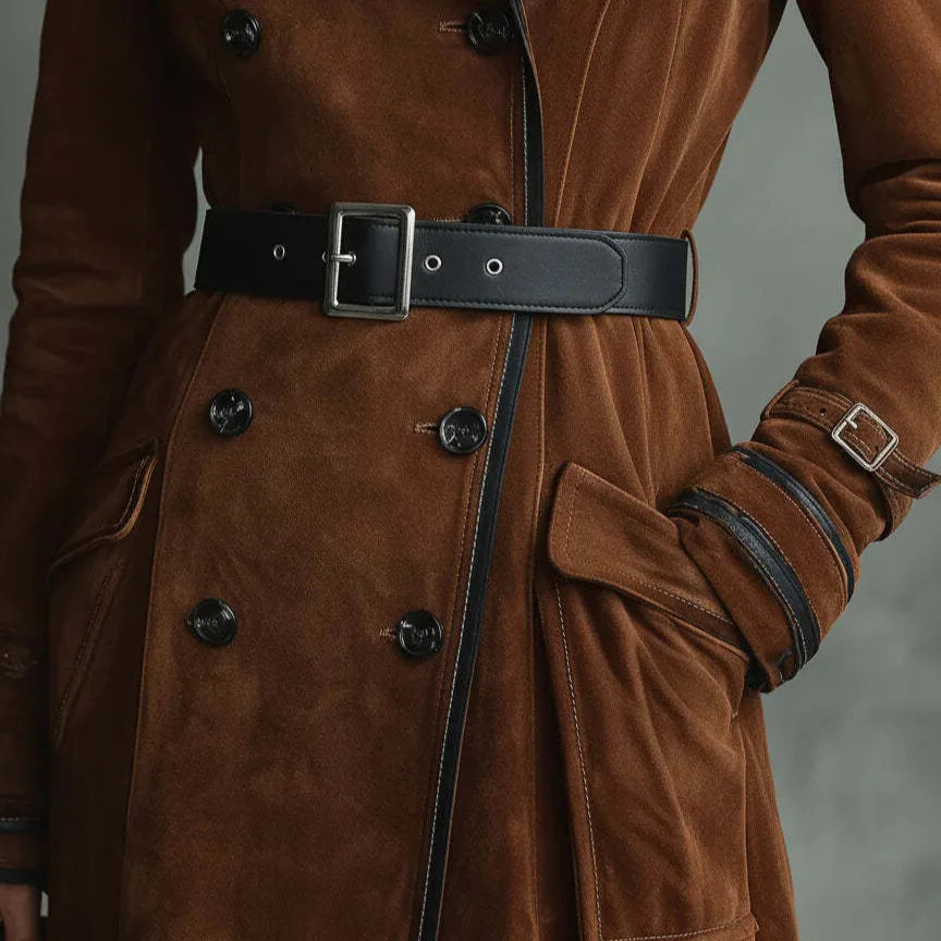 Georgina™ | Gabardina Comprida Efeito Camurça com Cinto