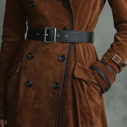 Georgina™ | Gabardina Comprida Efeito Camurça com Cinto