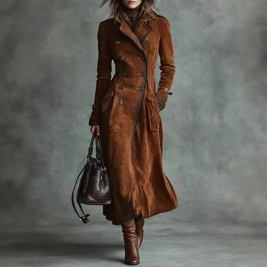 Georgina™ | Gabardina Comprida Efeito Camurça com Cinto