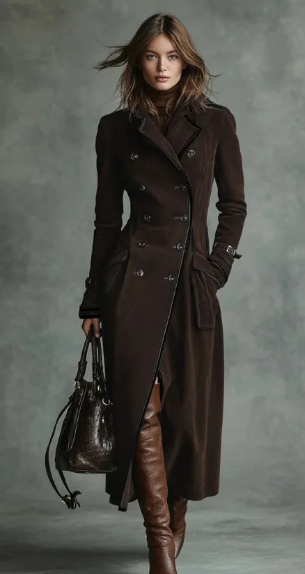 Georgina™ | Gabardina Comprida Efeito Camurça com Cinto