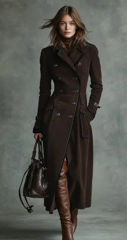 Georgina™ | Gabardina Comprida Efeito Camurça com Cinto