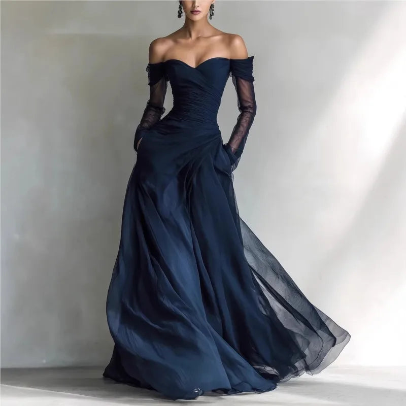Eleonora™ | Vestido Comprido Ombro a Ombro com Inserções de Rede