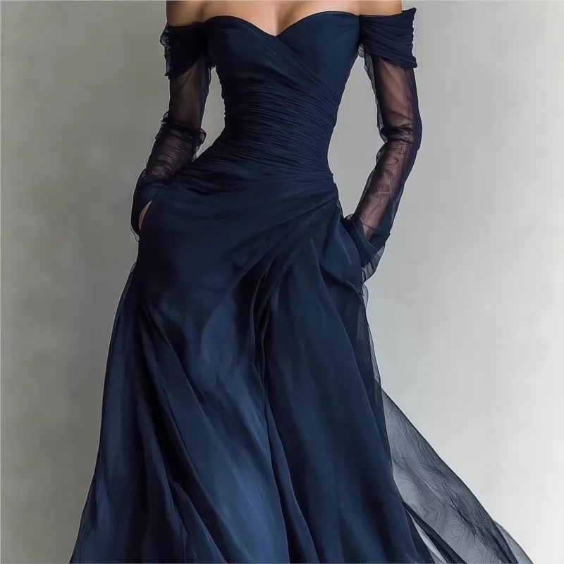 Eleonora™ | Vestido Comprido Ombro a Ombro com Inserções de Rede
