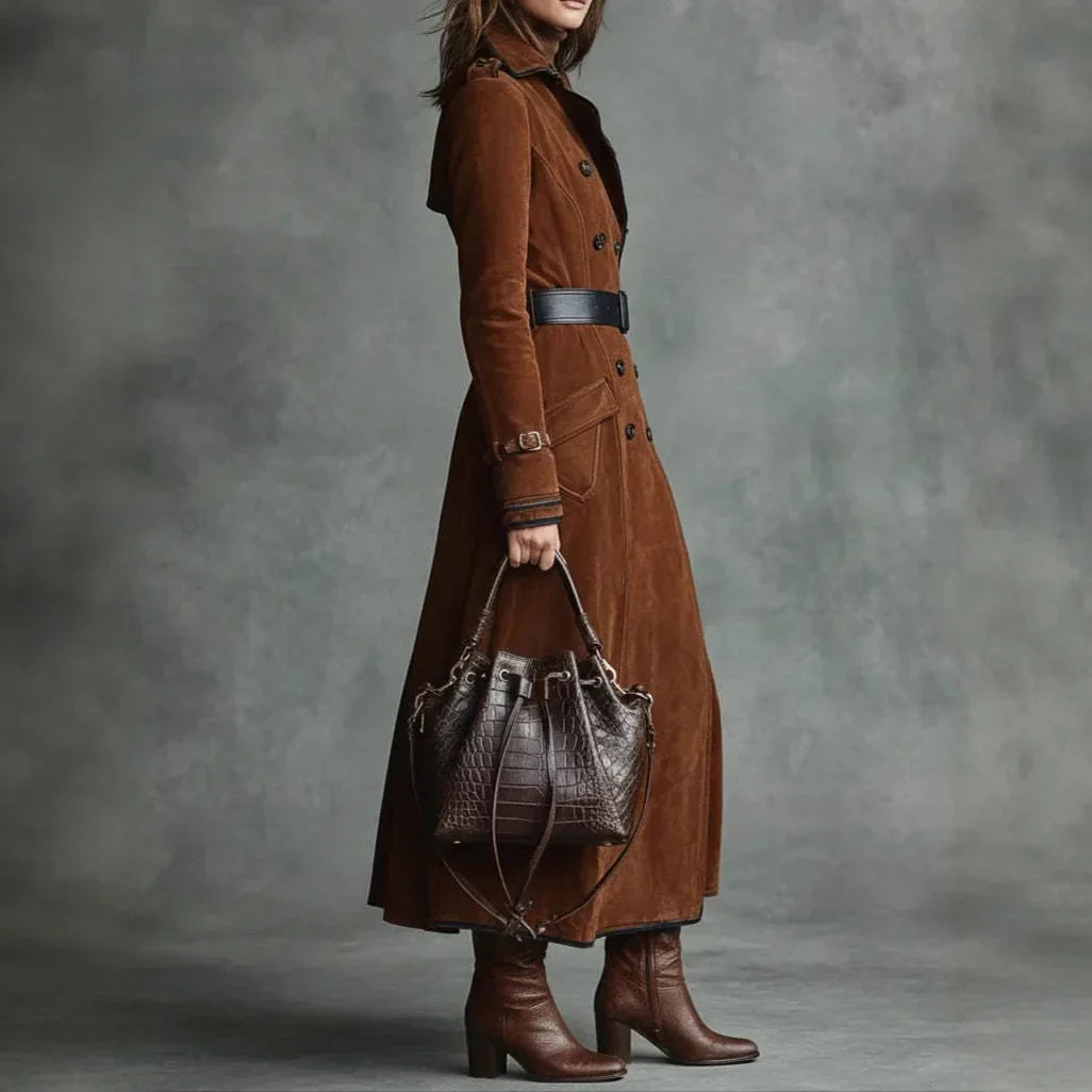 Georgina™ | Gabardina Comprida Efeito Camurça com Cinto