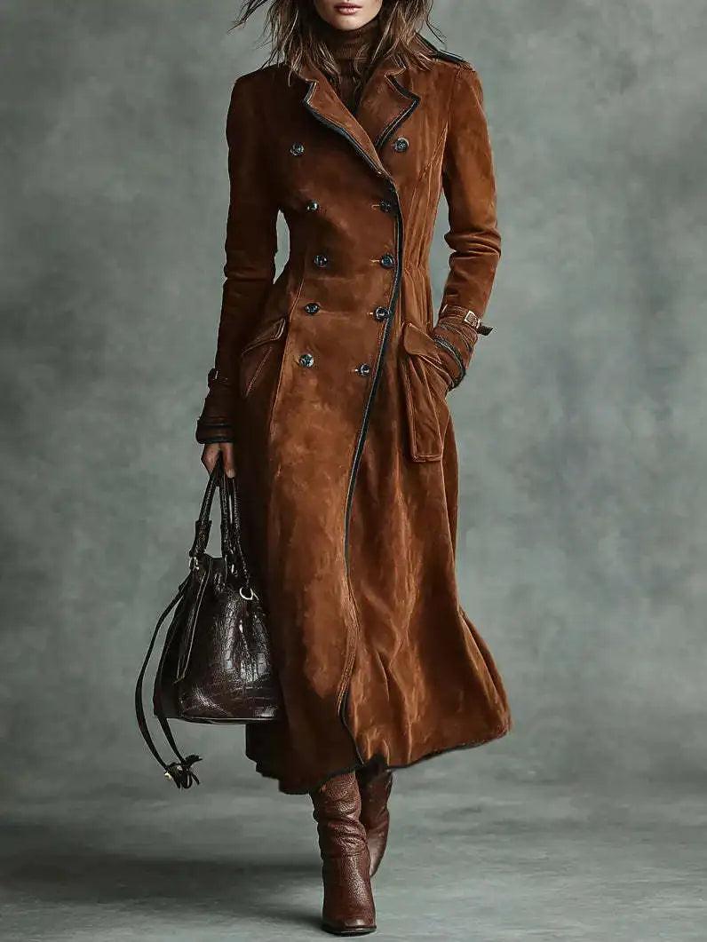 Georgina™ | Gabardina Comprida Efeito Camurça com Cinto