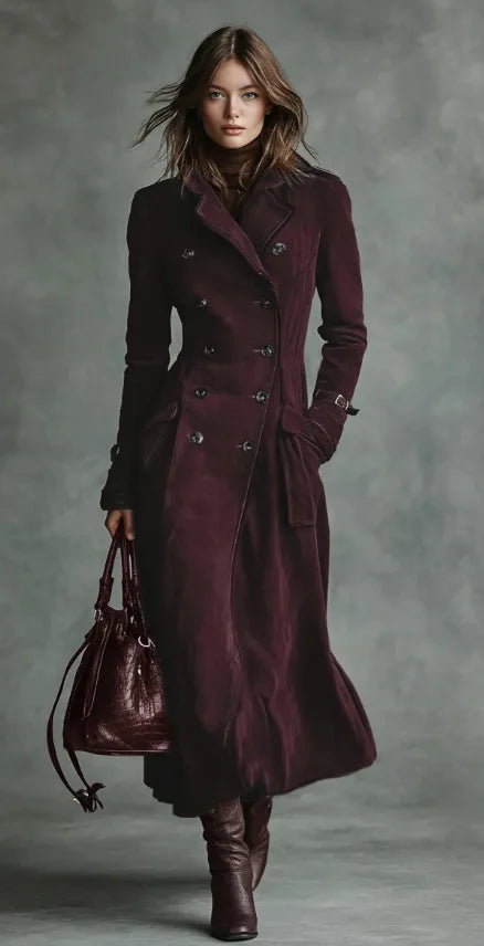 Georgina™ | Gabardina Comprida Efeito Camurça com Cinto
