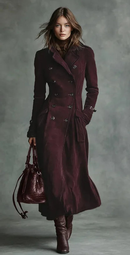 Georgina™ | Gabardina Comprida Efeito Camurça com Cinto