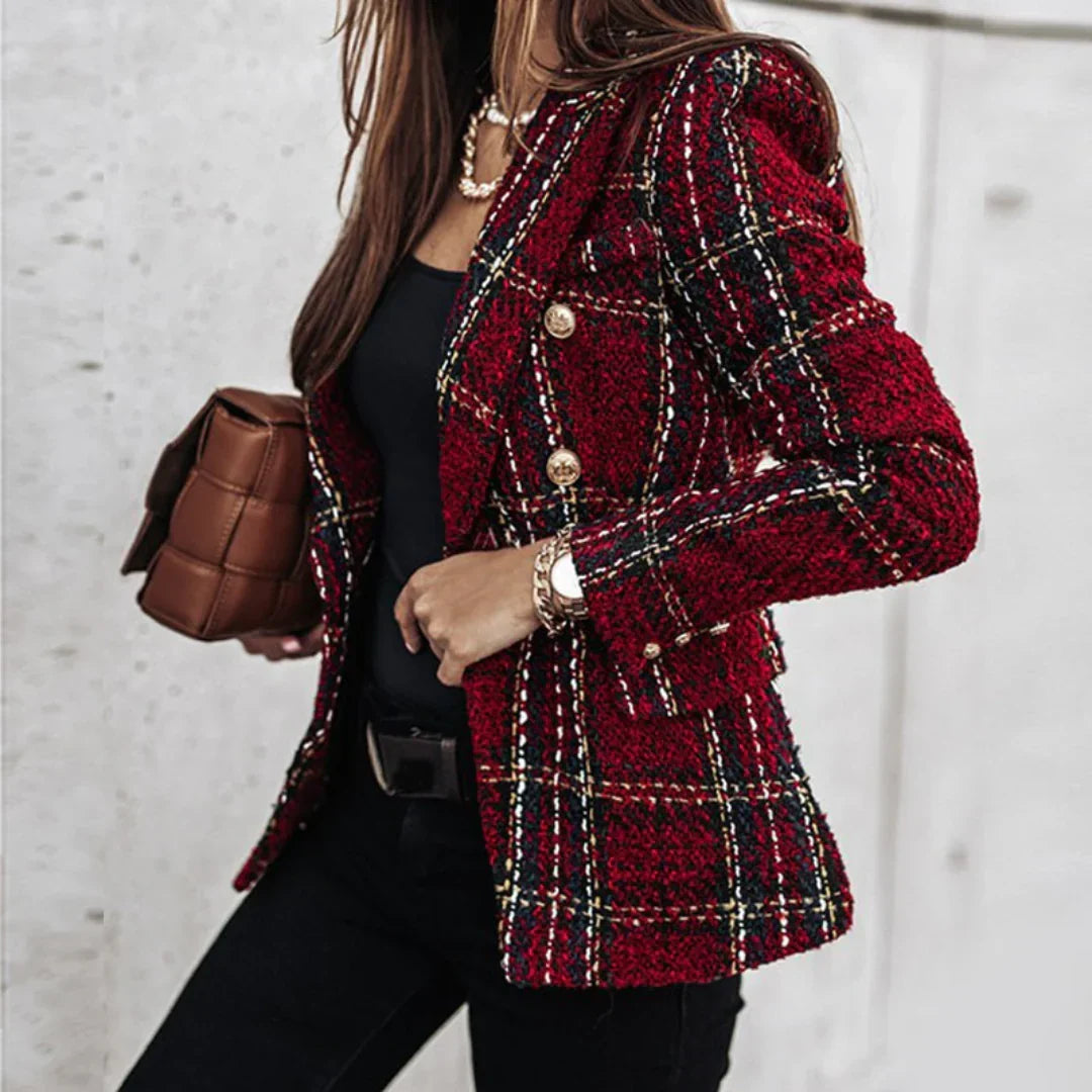 Valérie™ | Blazer de Malha aos Xadrez para Mulher de Manga Comprida