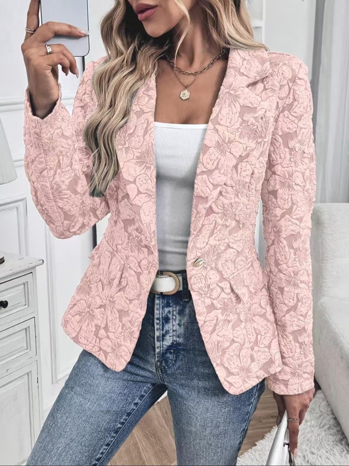 Solveig™ | Blazer cintado para mulher em jacquard com padrão caxemira