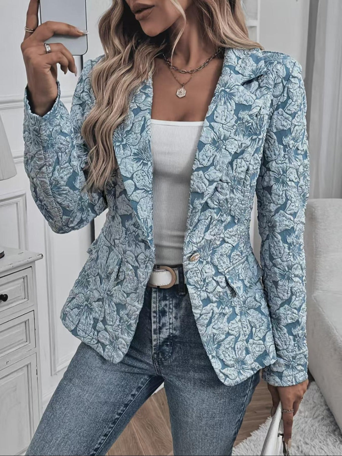 Solveig™ | Blazer cintado para mulher em jacquard com padrão caxemira