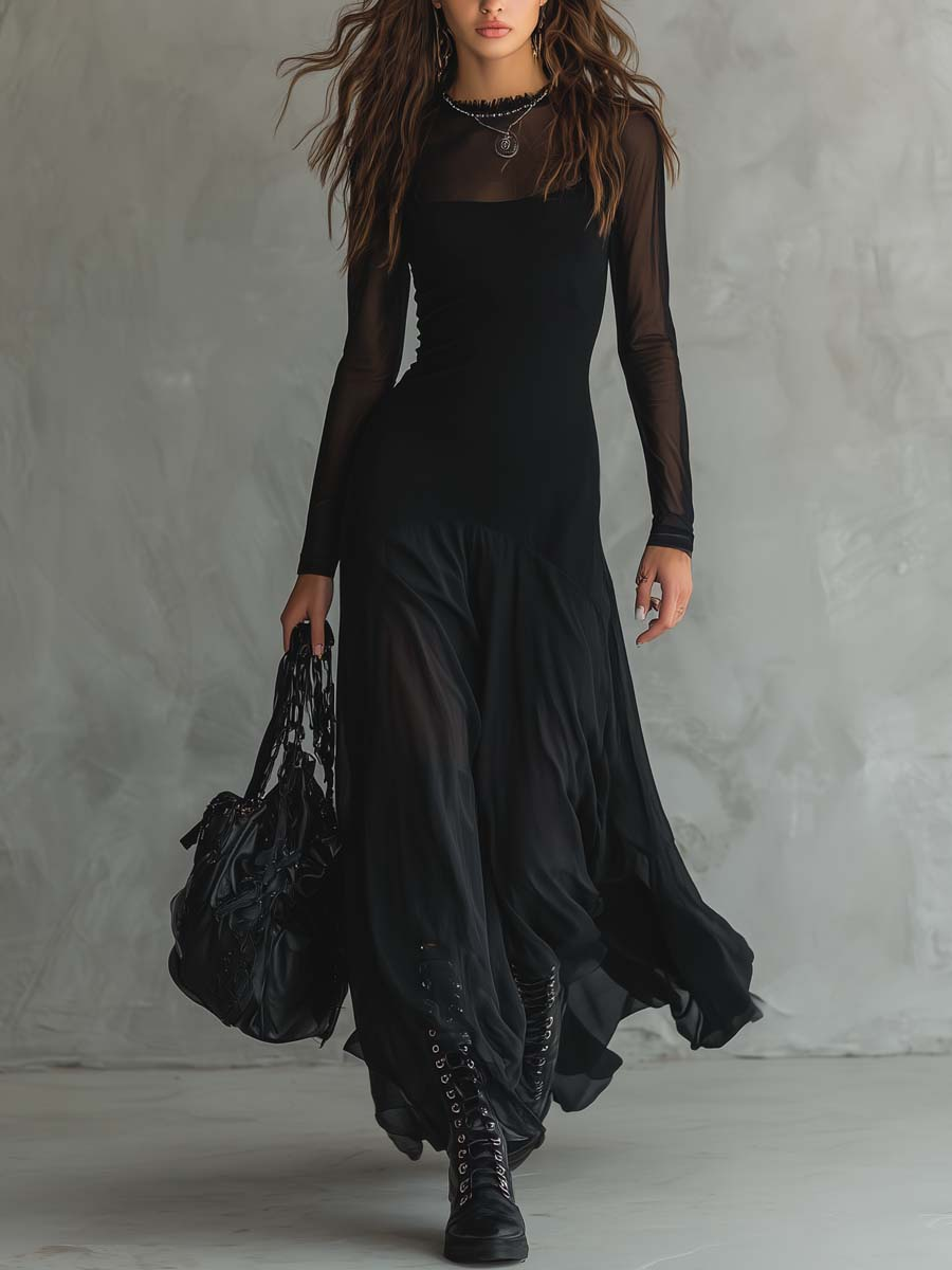 Neroa™ | Vestido Comprido Largo de Tule Preto