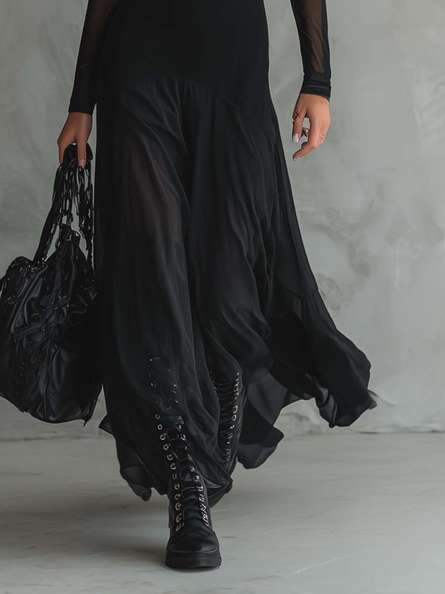 Neroa™ | Vestido Comprido Largo de Tule Preto