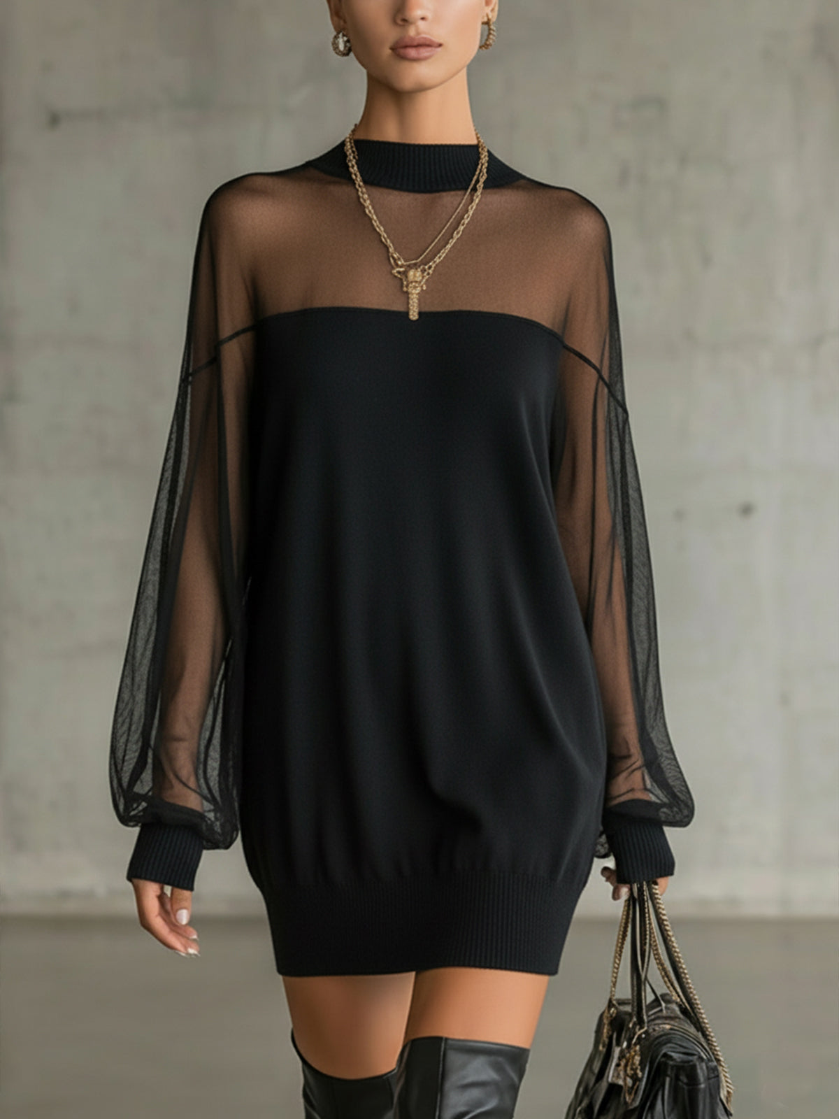 Amelie™ | Vestido curto preto elegante com mangas em rede