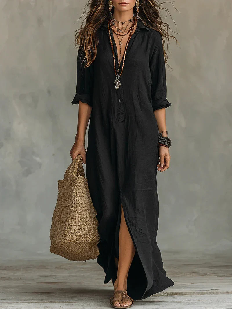 Céline™ | Vestido Maxi Preto Largo com Botões
