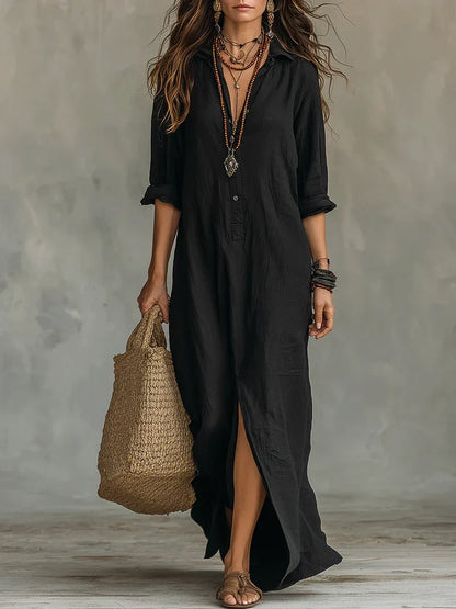 Céline™ | Vestido Maxi Preto Largo com Botões