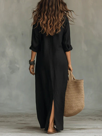 Céline™ | Vestido Maxi Preto Largo com Botões