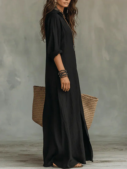 Céline™ | Vestido Maxi Preto Largo com Botões