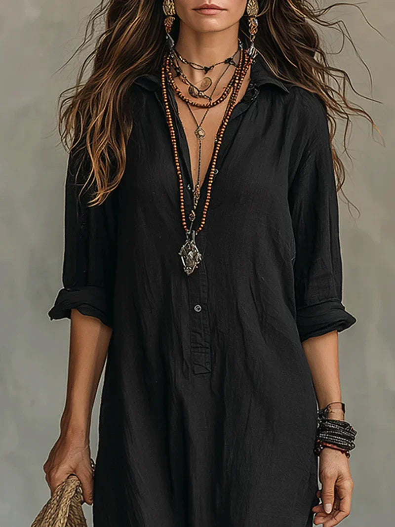 Céline™ | Vestido Maxi Preto Largo com Botões