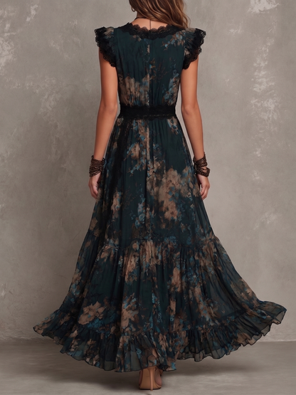 Luz™ | Vestido Comprido de Chiffon com Renda Floral