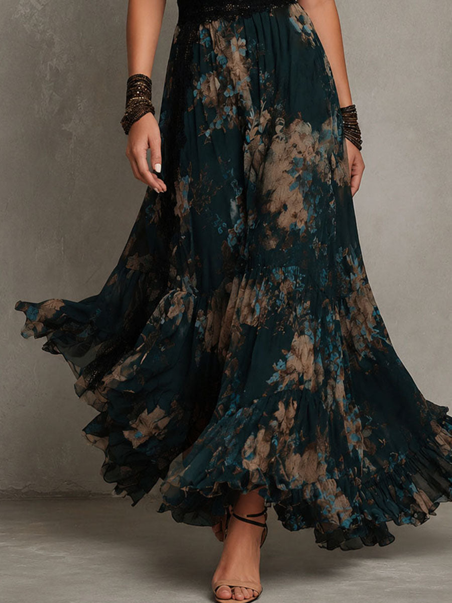 Luz™ | Vestido Comprido de Chiffon com Renda Floral
