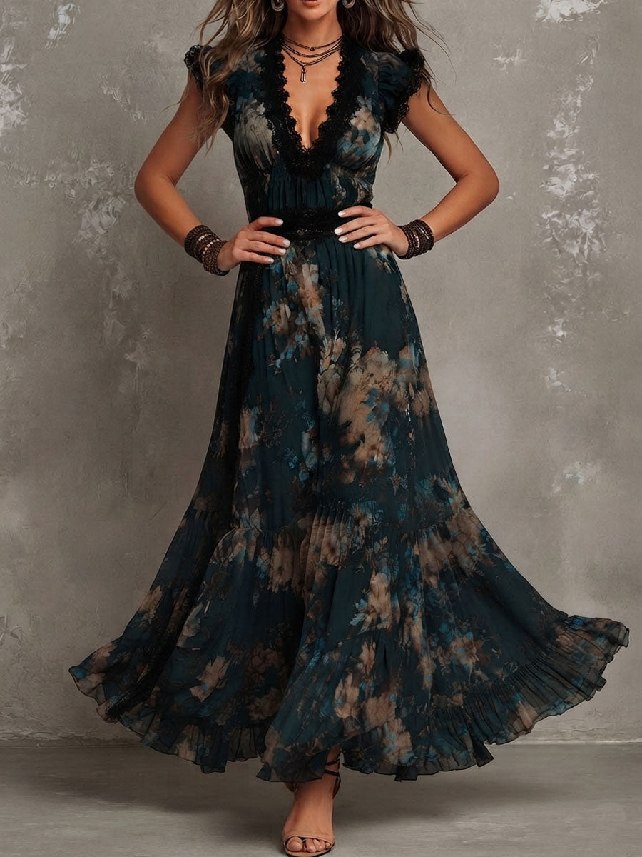 Luz™ | Vestido Comprido de Chiffon com Renda Floral