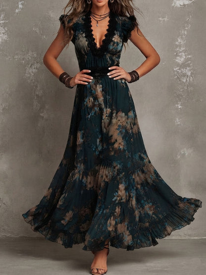 Luz™ | Vestido Comprido de Chiffon com Renda Floral