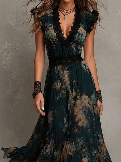 Luz™ | Vestido Comprido de Chiffon com Renda Floral
