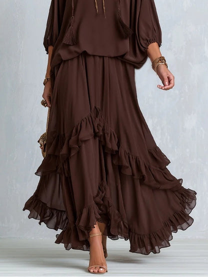 Ondine™ | Conjunto de Top em Chiffon Castanho com Franjas e Saia com Folhos