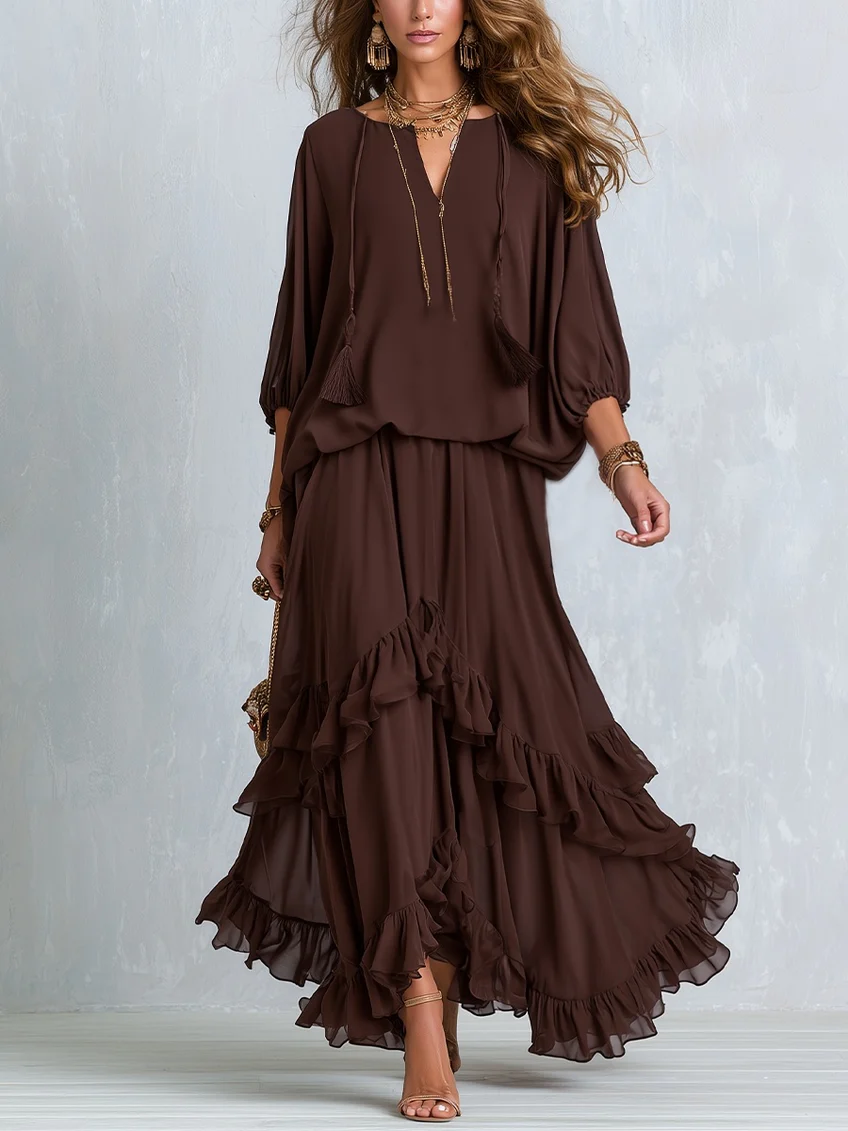 Ondine™ | Conjunto de Top em Chiffon Castanho com Franjas e Saia com Folhos