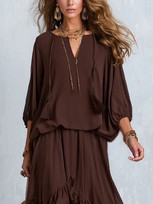 Ondine™ | Conjunto de Top em Chiffon Castanho com Franjas e Saia com Folhos