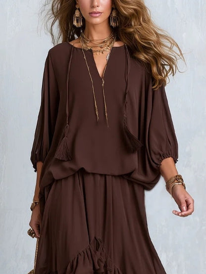 Ondine™ | Conjunto de Top em Chiffon Castanho com Franjas e Saia com Folhos