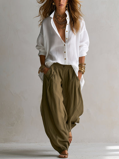 Capucine™ | Camisa Branca Larga e Calças Lantern Verde-Azeitona