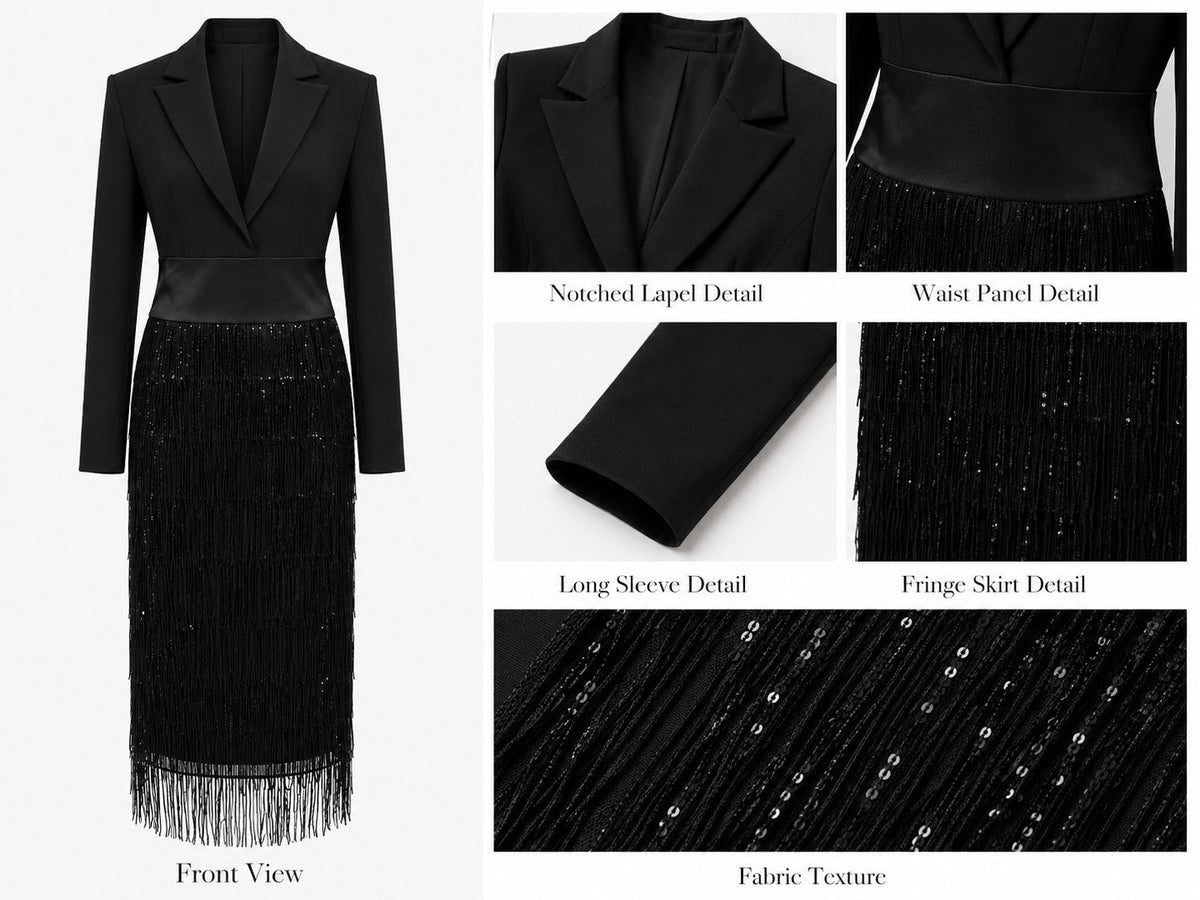 Jimena™ | Vestido Midi Estilo Blazer com Lantejoulas e Franjas