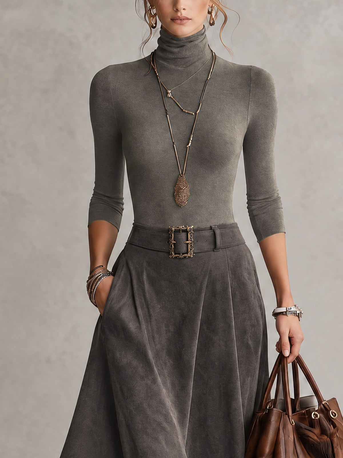 Carmen™ | Conjunto de Top de Gola Alta e Saia Midi Assimétrica com Cinto