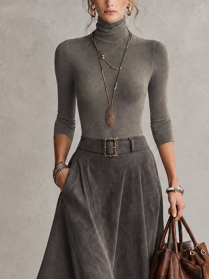 Carmen™ | Conjunto de Top de Gola Alta e Saia Midi Assimétrica com Cinto