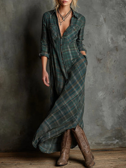 Margaux | Vestido Camiseiro Comprido com Gola Vichy Verde