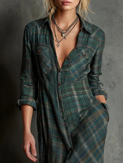 Margaux | Vestido Camiseiro Comprido com Gola Vichy Verde