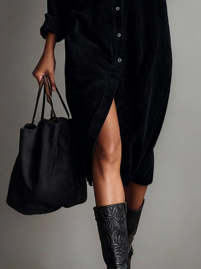 Béatrice™ | Vestido Midi em Veludo Cotelê com Bolsos e Abotoamento Simples