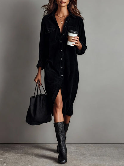 Béatrice™ | Vestido Midi em Veludo Cotelê com Bolsos e Abotoamento Simples