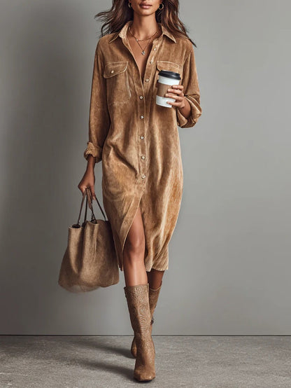 Béatrice™ | Vestido Midi em Veludo Cotelê com Bolsos e Abotoamento Simples