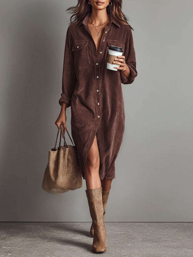 Béatrice™ | Vestido Midi em Veludo Cotelê com Bolsos e Abotoamento Simples