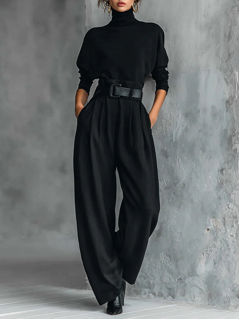 Noëlla™ | Conjunto de Camisola de Gola Alta Preta e Calças Direitas